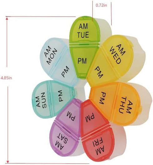 Zhengyuan 7 7 Cute Day AM PM Pill Organizer, Twice a Day Weekly Pill Box with Color Coded Compartments, Flower Shape