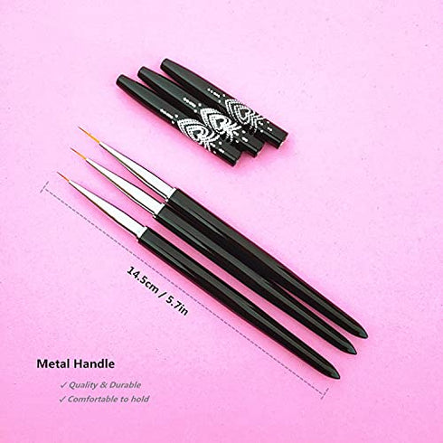 Nail Art Liner Brushes, 3PCS Metal Handle UV Gel Painting Nail Art Design Brush, 7mm/9mm/11mm