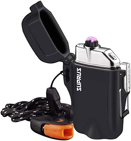 SUPRUS Waterproof Lighter, 3 Modes of Flashlight, Windproof Dual Arc Electric Lighter with Survival Whistle