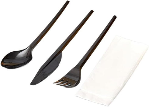 Heyiwell 50 Pack Sets, 4-in-1 Black Individually Wrapped Plastic Cutlery Disposable Utensils Combo with Knife, Fork