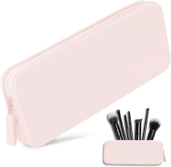 MAKUP Silicone Makeup Bag - Zippered Brush Holder for Organizing Cosmetics, Washable Pouch for Travel (Pink Sand)