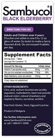 Sambucol Black Elderberry Effervescent Tablets with Zinc and Vitamin C, 15 Count for Adults