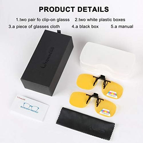 FONHCOO Clip-on Night Driving Sunglasses (2 Pack), Night Vision Glasses Lens Over Prescription Glasses for Men and Women