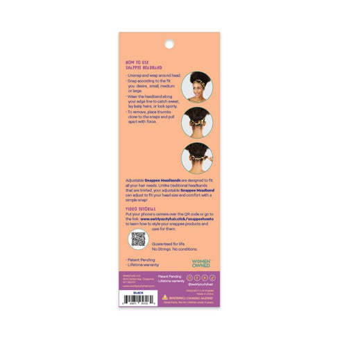 Women’s Fashion Headband for Natural Curly Hair - No-Slip, 3-Snap, Adjustable, Washable Turban Headwrap (Black)