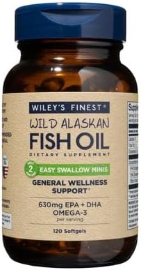 Wiley's Finest Wild Alaskan Fish Oil Easy Swallow Minis - Omega-3 Supplement for Adults and Kids, 120 Mini Softgels