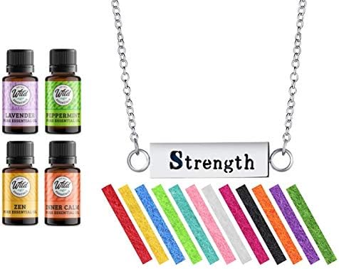 Set 24 inch 12 Wild Essentials Strength Essential Oil Diffuser Bar Necklace Gift Aromatherapy Pendant, Stainless Steel
