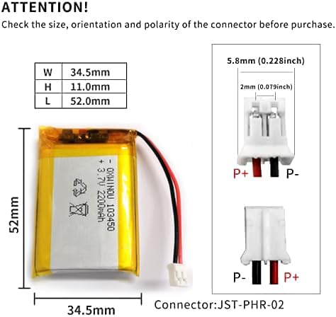 Lithium Polymer Battery 3.7V 2200mAh 103450 Lipo Rechargeable Battery Pack with 2 Wires JST 2.0mm Connector for Speaker and Wireless Device(1-Pack)