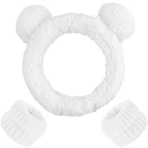 AHONEY Spa Bear Ears Headband Set, Cute Makeup & Skincare Wristbands for Washing Face, Elastic Hair Band (White)