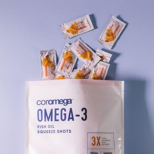 Coromega Omega 3 Fish Oil Supplement, 650mg Omega-3s, Orange Flavor, 30 Single Serve Packets