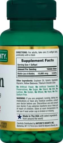 Nature's Bounty Biotin, 10,000 mcg, Rapid Release Softgels, 120 Count, Healthy Hair, Skin, Nails