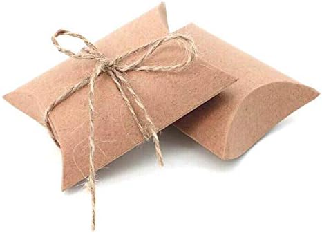 Vintage Kraft Paper Pillow Candy Box, Thank You Treat Box Kit, Rustic Gift Boxes with Twine for Wedding Favors, 50pc