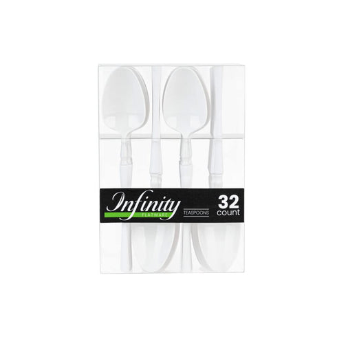 Infinity Flatware Disposable White Teaspoons - 32 Count Premium Plastic Cutlery for Special Occasions