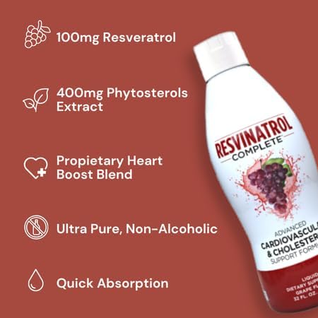 32 Fl. Oz. Advanced Liquid Cardiovascular & Cholesterol Support Formula - Liquid Resveratrol Supplement for Healthy