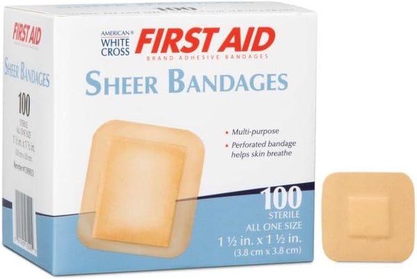 First Aid Sterile Adhesive Spot Bandage, Sheer Plastic 1-1/2 X 1-1/2 Inch, 100 per Box
