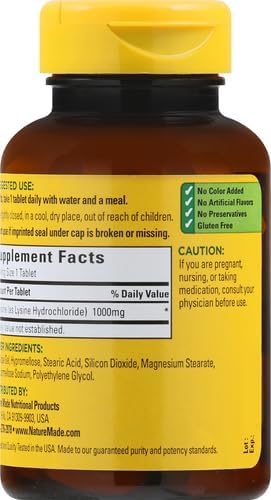 Nature Made Extra Strength L-Lysine 1000 mg Tablets, 60 Count for Protein Synthesis