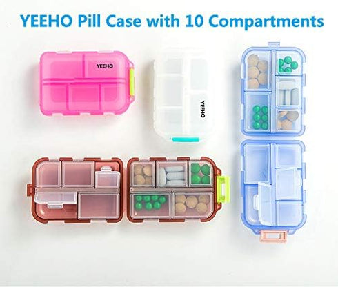 YEEHO 10 Pill Case - Portable Supplements Tablet Container Box with Compartments - Medicine Capsule Vitamin Foldable