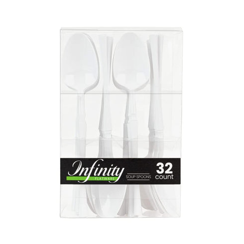 Infinity Flatware White Disposable Soup Spoons, 32 Count, Stylish Premium Plastic Cutlery for Dining