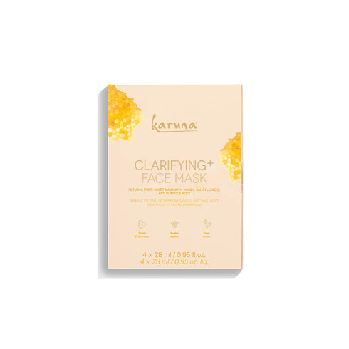 Karuna Skin Clarifying+ Sheet Masks, 4 Face Mask Sheets per Pack, Moisturizing & Hydrating with Honey, Salicylic Acid &