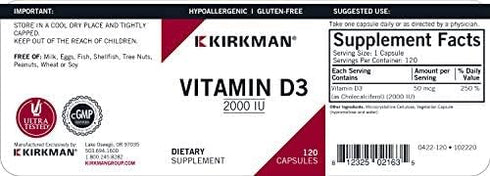 Kirkman Vitamin D3 1000 IU, 120 Capsules, Supports Immune Health & Strong Bones, Hypoallergenic
