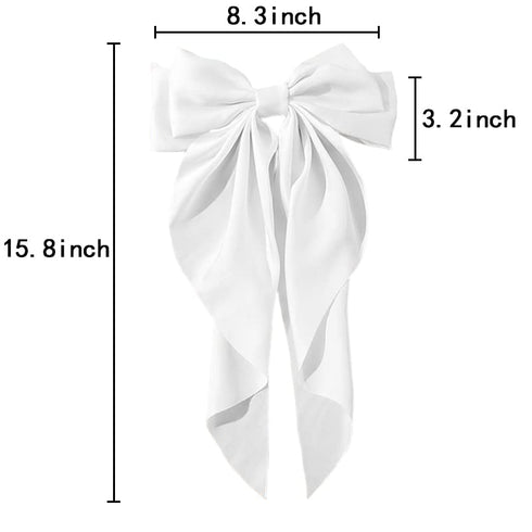 Large Hair Bow Clips for Women Girls, Silky Satin Hair Barrettes with Long Ribbon Tail, White Hair Bows Slides