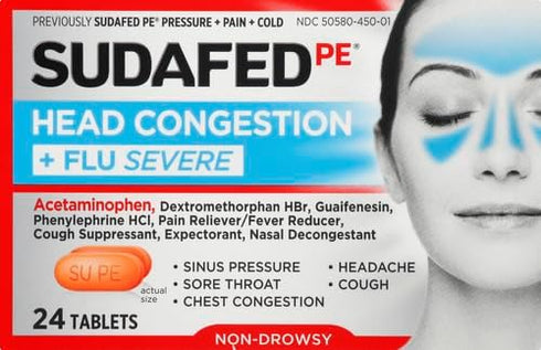 Sudafed PE Head Congestion + Flu Severe Decongestant Tablets for Adults, 24 ct