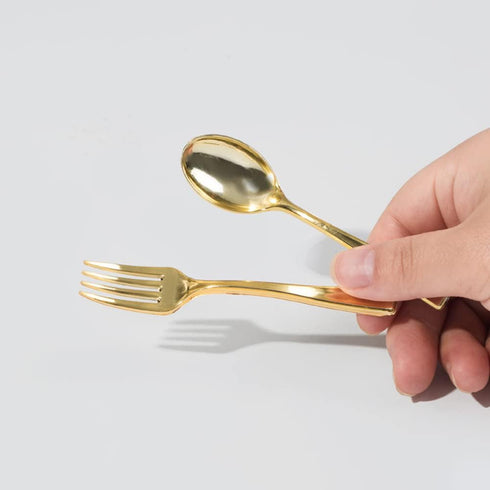 48Pcs Party Disposable Plastic Mini Forks and Spoons Set, Polished Gold Cutlery for Small Appetizers and Desserts