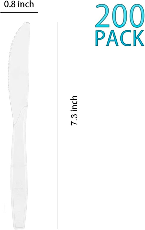 200 Count Clear Plastic Knives, Heavy Weight Disposable Spoons Cutlery Plastic Utensils, Clear Plastic Silverware Bulk by MOACOCK