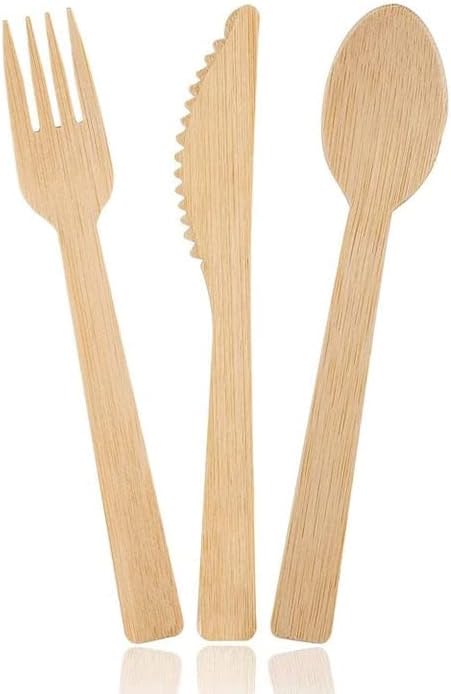 Bamboo Utensils, Natural Disposable Wooden Cutlery for Party, Camping, Picnic, Wedding, 24 Count (8 Spoons, 8 Forks, 8