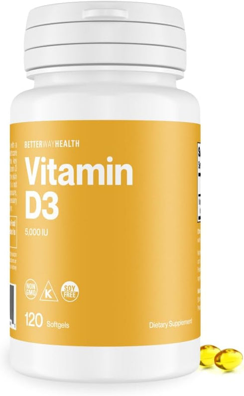 Vitamin D3 5000 IU, Better Way Health, High Potency Softgel Supplement for Immune & Bone Health, 120 Softgels