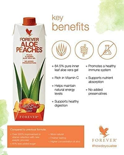 Immune 33.8 oz, 1 Pack Forever Living - Aloe Peaches, Pure Aloe with Real Peach Flavor, Supports Digestion and System
