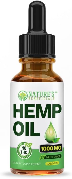 NATURE'S BENEFICIALS Organic Hemp Oil Extract Drops, 1000mg, Omega Fatty Acids 3 6 9