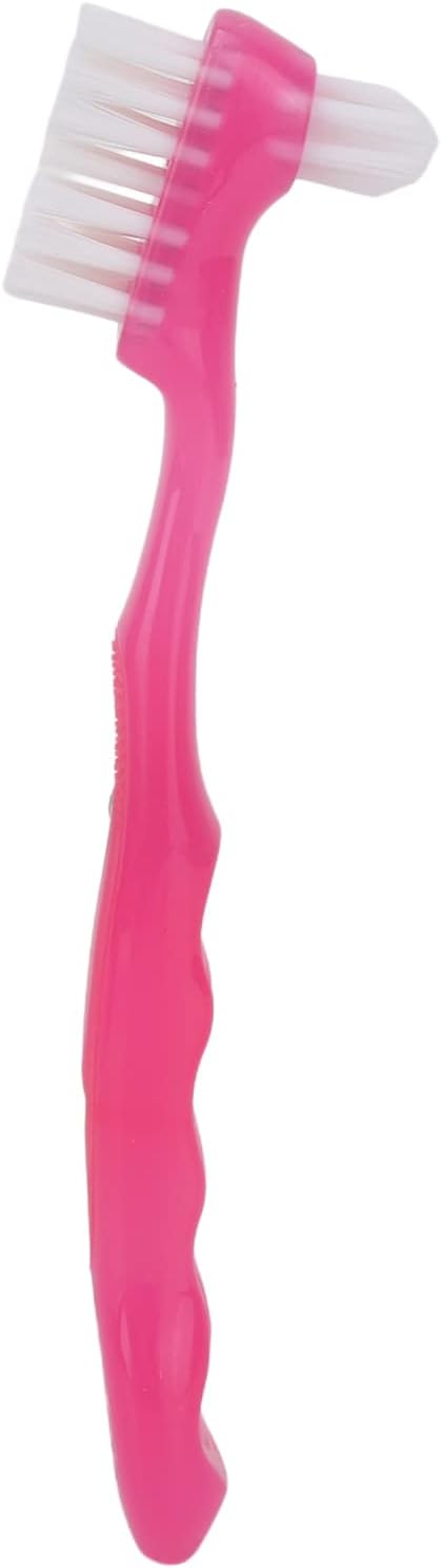 Double Sided Denture Cleaning Brush, Portable Plaque Removal Toothbrush for Home & Travel (Pink)