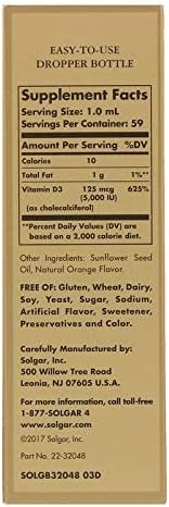 Solgar Liquid Vitamin D3, 125 mcg (5,000 IU), 2 fl oz, Natural Orange Flavor, 59 Servings
