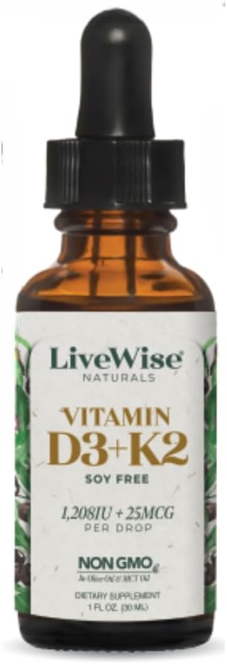 Vitamin D3 with K2 Liquid Drops, All Natural, Non-GMO, 1208iu D3 and 25mcg K2 per Serving, Supports Bones