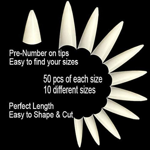 VIVACE 2PACK Natural/Clear Long Stiletto Artificial Fake Gel Nail Tips (Total 1000 Tips) 10 Sizes for Nail Salon Nail