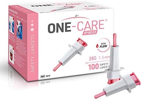 MediVena ONE-CARE PRO Safety Lancets, Top Push Button Activated, 28G x 1.5mm, 100/bx, Sterile, Gentle & Comfortable