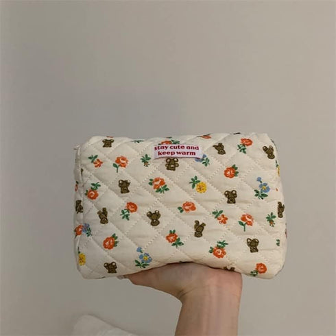 Kawaii Makeup Bag, Cute Floral Storage Organizer with Handle, Aesthetic Cartoon Zipper Toiletry Bag