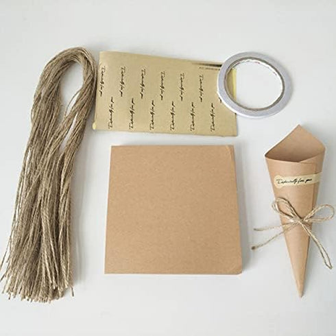 50Pcs Kraft Paper Cones for Bouquet Wrapping, Wedding Confetti Candy Gift Flower Holder with Hemp Ropes for DIY Decor