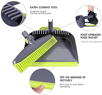 Adjustable Rubber Push Broom and Dustpan Set, Self Cleaning Indoor Outdoor Angle Brooms for Home, Long Handle for Pets