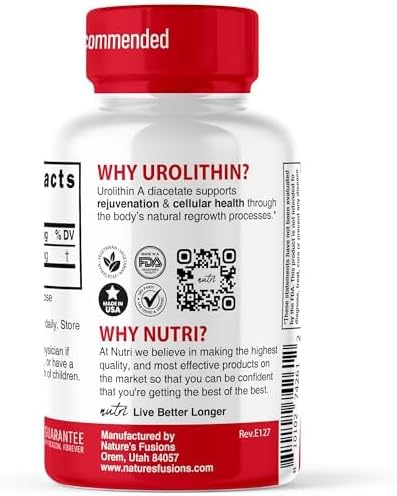 Nutri Urolithin A Supplement 500mg - 30 Vegan Capsules, 2 Week+ Supply - Powerful NAD+ Boost, Antioxidant, Cell Repair