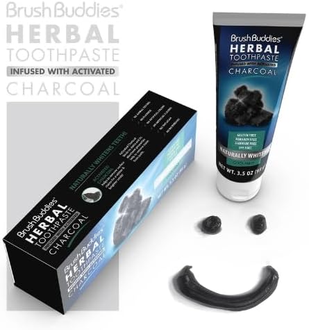 Brush Buddies Herbal Toothpaste with Activated Charcoal, 3.5 oz, Whitening, Fluoride Free, Pack of 2 + MB Sticker