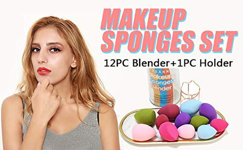Makeup Sponge Blender Set, 12pcs Beauty Sponges and 1PCS Holder, Flawless Cosmetic Puff for Cream, Liquid Foundation &