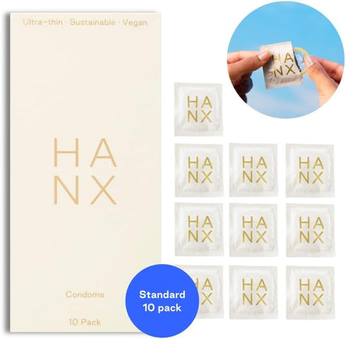 hanx (Pack 10) Condoms | Ultra-Thin, Natural Latex with Silicone Lubricant | Paraben & Spermicide-Free |