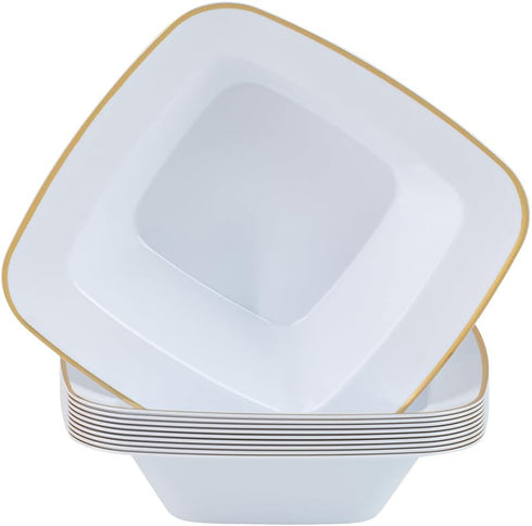 Party Plastic Bowls, White with Gold Rim, 10 Count Elegant Premium Dessert Bowls for Celebrations (5 oz.)