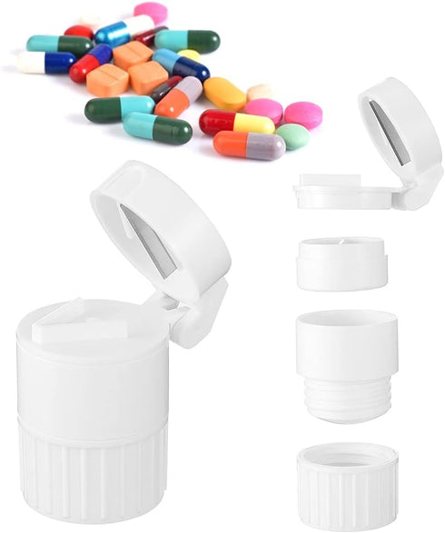 Pill Cutter and Grinder, 4 in 1 Multifunctional Pill Organizer, Travel Pill Dispenser for Kid Men Women Elderly (White)