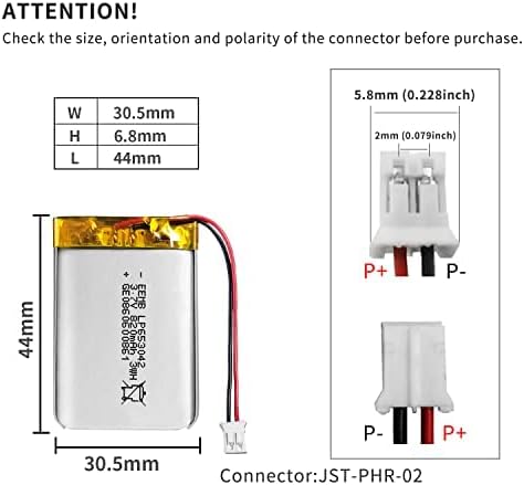 EEMB Lithium Polymer Battery Pack, 3.7V 820mAh 653042 Lipo Rechargeable with Wire JST Connector for Speaker and