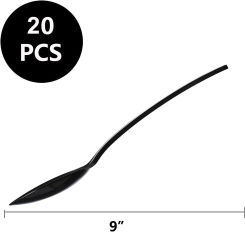 Disposable Plastic Spoons, 9 Inch, 20 Count, Heat Resistant, Heavy Duty Bulk Serving Utensils Set, Food Safe Material, BPA Free, Black