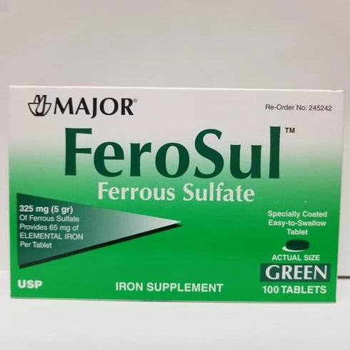 Major Ferosul - Ferrous Sulfate 325mg Tablets with 65mg Elemental Iron - Iron Supplement for Women & Men - 100 Tablets