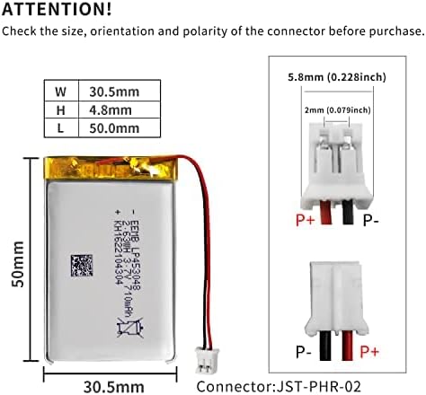 EEMB 3.7V 710mAh 453048 Lipo Rechargeable Battery Pack with Wire JST Connector for Speaker