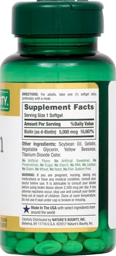 Nature's Bounty Biotin Vitamin Supplement, 5000 mcg, 72 Softgels - Supports Metabolism for Healthy Hair, Skin & Nails